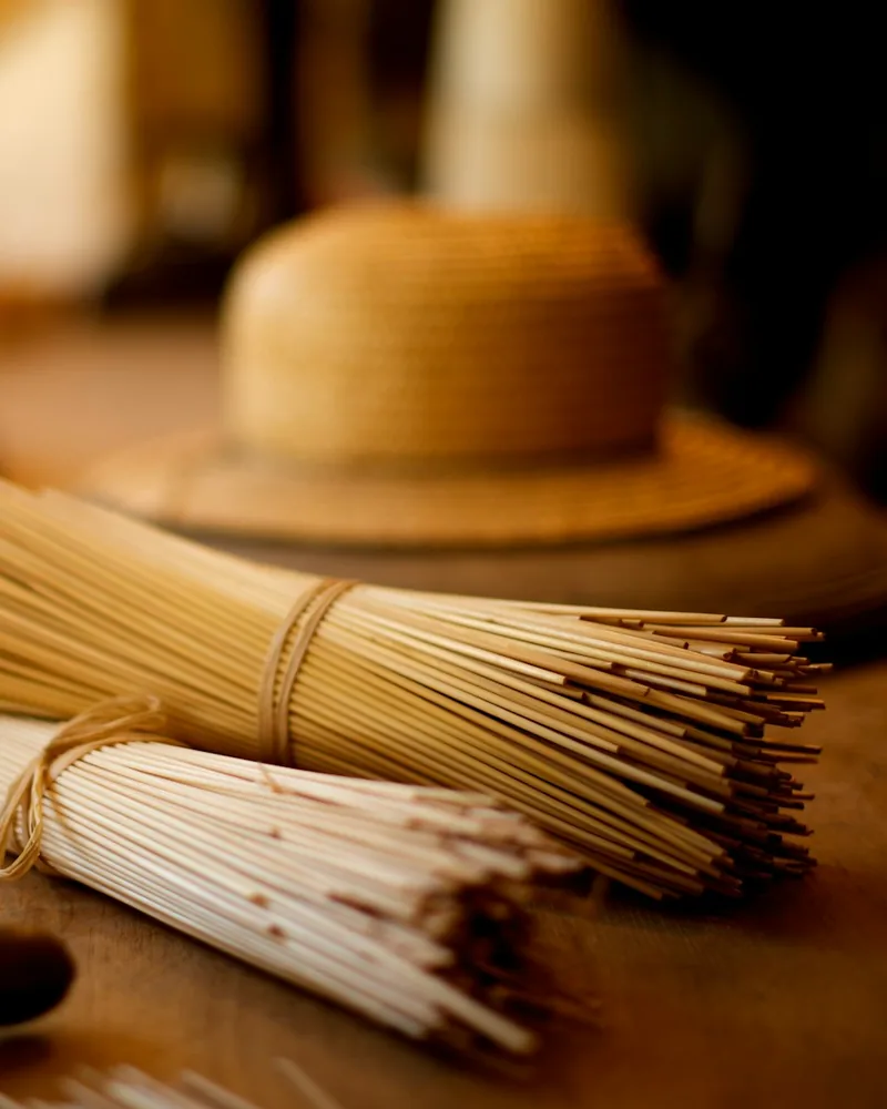 Sombrero de paja sin terminar junto a haces de fibra vegetal y herramientas antiguas sobre un banco de madera de sombrerería